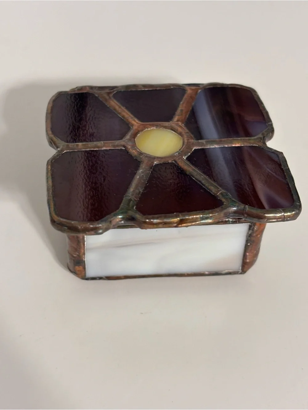 Handmade Stained Glass Trinket Ring Box Purple Flower Yellow Center 2” X 2” Box